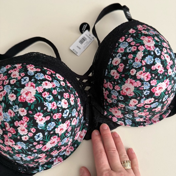 Torrid NWT Rosewood Black Roses Flowers Spring 42DD Bra Plunge Push-Up Coquette - Picture 6 of 8